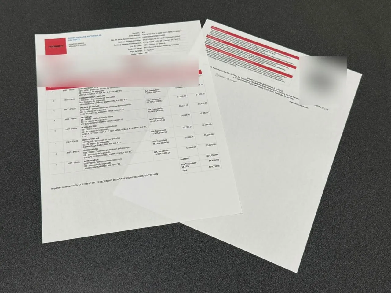 Factura fiscal (CFDI) de RECAUNO con el desglose de piezas y precios